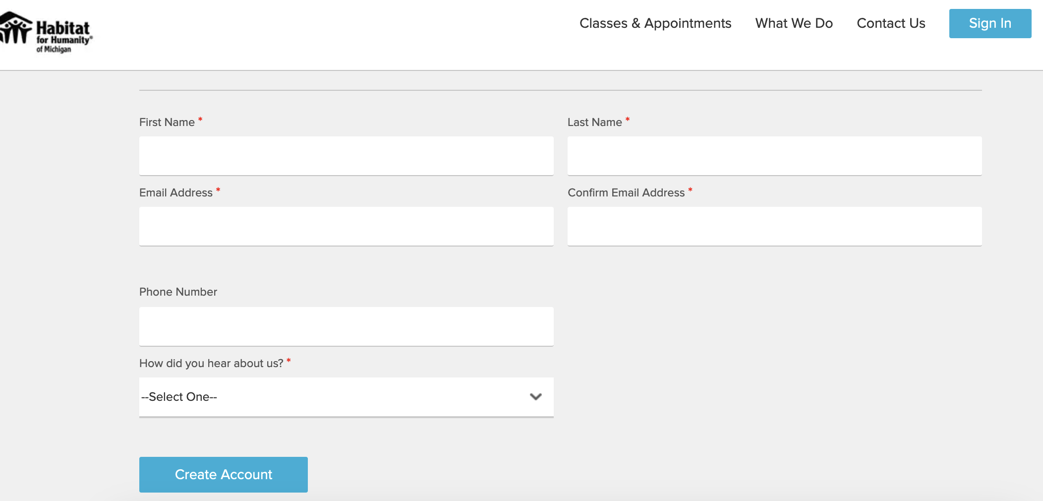 Account creation form for step two in sign-up process